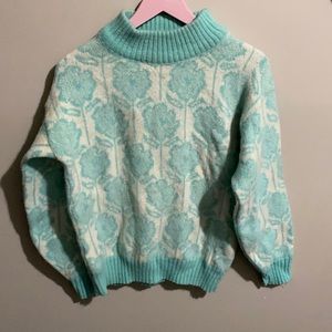 Turquoise And White Flower Sweater